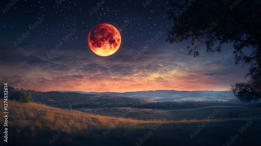 Lunar eclipse illuminating the night sky over a serene landscape in october. Galactic Optical Illusions. Illustration Lunar eclipse illuminating the night sky over a serene landscape in october. Galactic Optical Illusions. Illustration