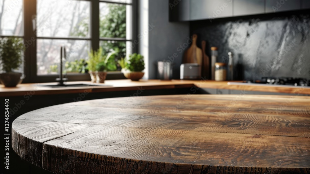 Clean kitchen interior with a round wood countertop, perfect for product montages or banners Clean kitchen interior with a round wood countertop, perfect for product montages or banners