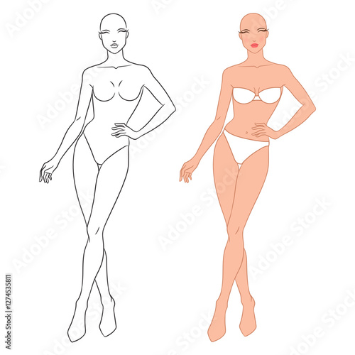 Eight-head fashion figure template. The female fashion croquis. Vector illustration of a young woman wearing lingerie, isolated on a white background.