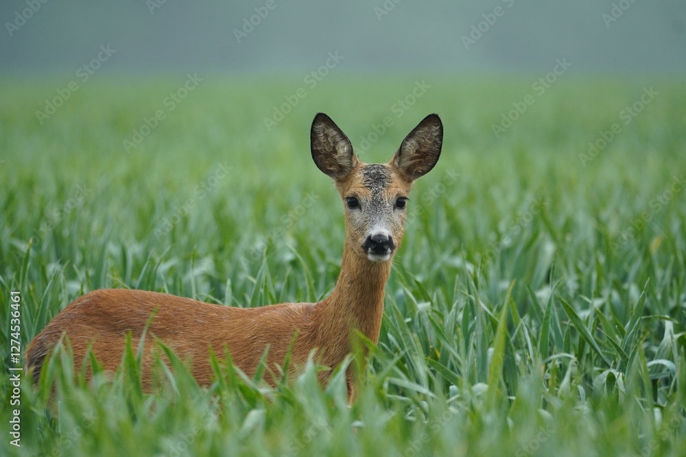 Roe Deer in Misty Meadow, Alert Expression Roe Deer in Misty Meadow, Alert Expression