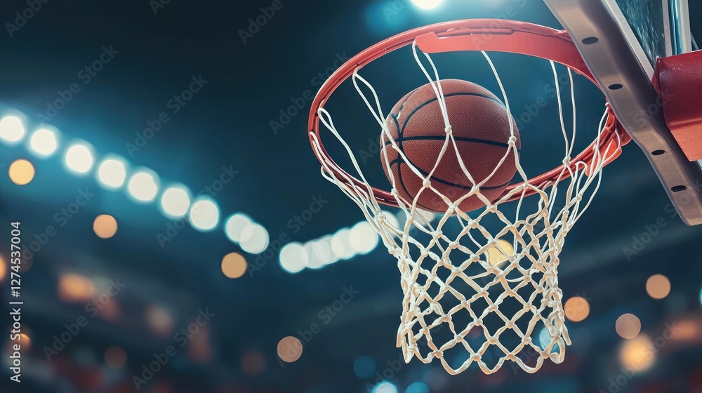 Basketball Shot: A Stunning Close-Up of a Basketball Swishing Through the Net During a Thrilling Game in a Brightly Lit Arena Basketball Shot: A Stunning Close-Up of a Basketball Swishing Through the Net During a Thrilling Game in a Brightly Lit Arena