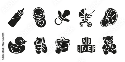 Baby care icon set. Infant and newborn symbol. Child care vector illustration. Stroller, pacifier, bottle and toy pictogram. Motherhood and parenting concept.
