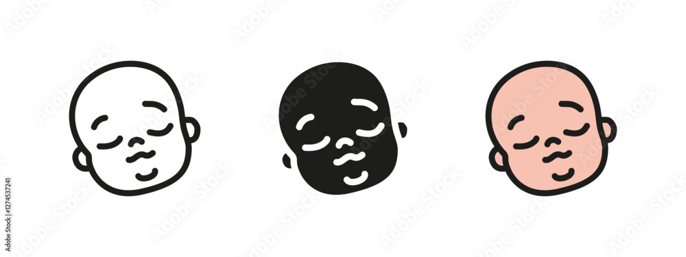 Sleeping baby face icon. Newborn and infant symbol. Peaceful child vector illustration. Rest, nap and dream pictogram. Calm and bedtime relaxation concept. Sleeping baby face icon. Newborn and infant symbol. Peaceful child vector illustration. Rest, nap and dream pictogram. Calm and bedtime relaxation concept.