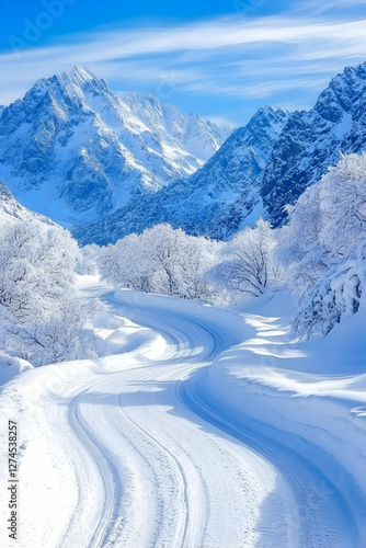 Snowy mountain path winding through winter trees.  Possible use showcasing winter wonderland