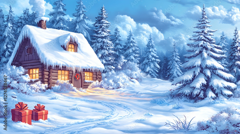 Fototapeta premium Snowy winter cabin in a forest. Possible use Festive holiday scene