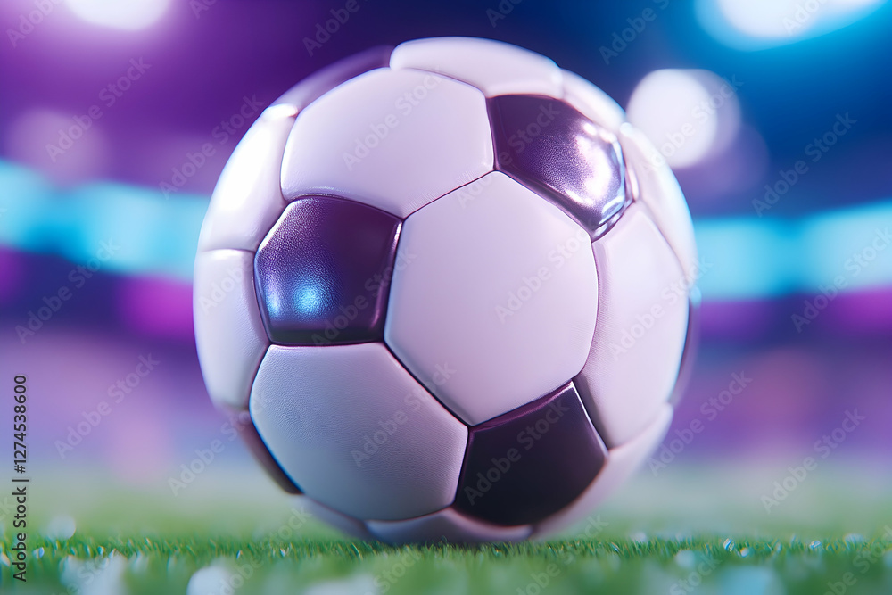 Fototapeta premium Soccer ball on field with vibrant lighting