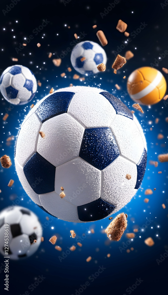 Soccer balls in motion, flying through the air, with crumbs, dynamic and energetic image for sports Soccer balls in motion, flying through the air, with crumbs, dynamic and energetic image for sports