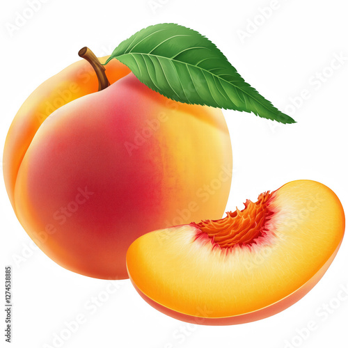 Realistic ripe peach with juicy sliced piece and green leaf illustration isolated on transparent background.