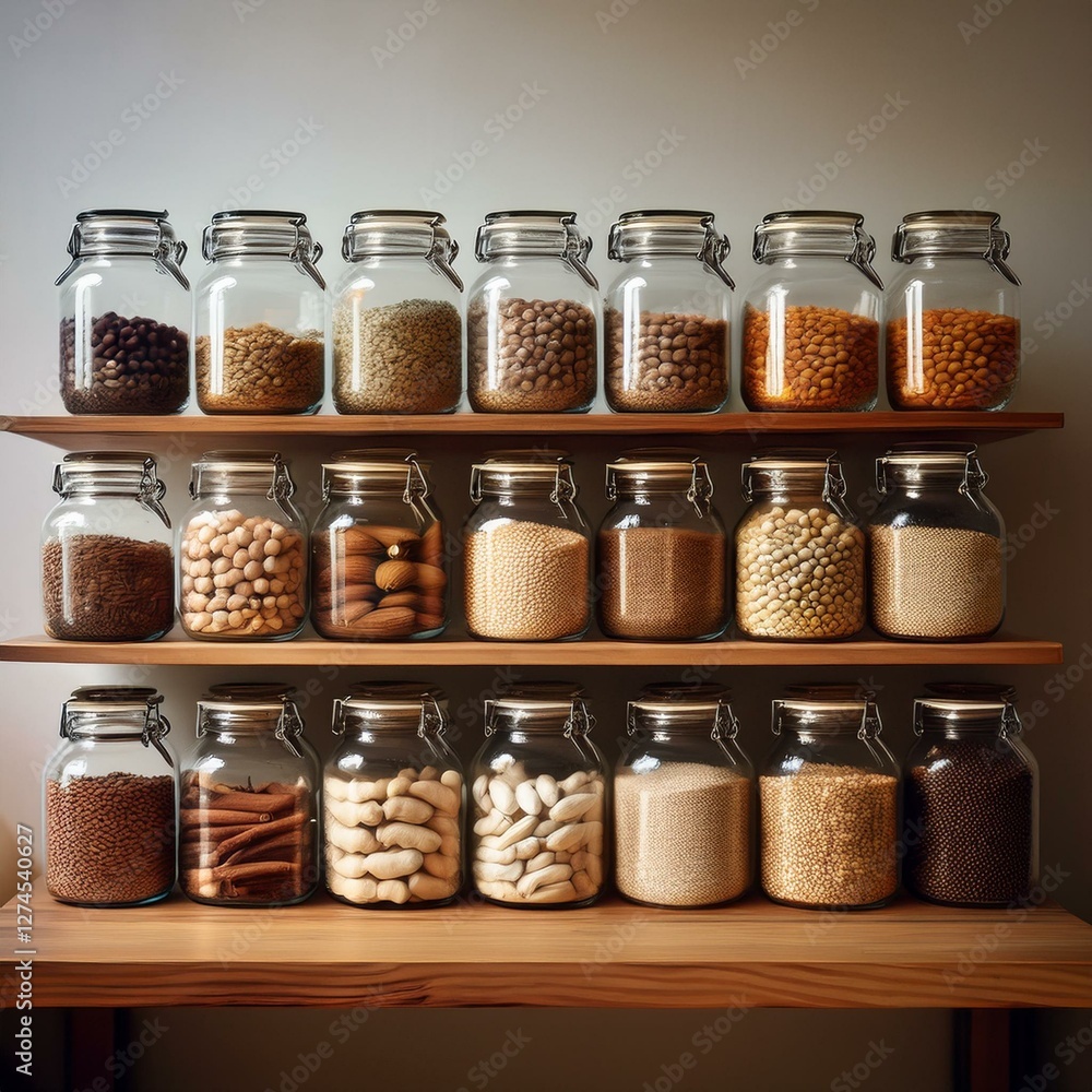 A neatly arranged wooden shelf filled with glass jars containing dried beans, grains, and spices, promoting zero-waste and sustainable storage. A neatly arranged wooden shelf filled with glass jars containing dried beans, grains, and spices, promoting zero-waste and sustainable storage.