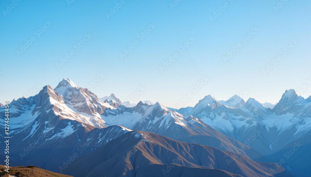Fototapeta premium Mountain landscape with snow-capped peaks under blue sky