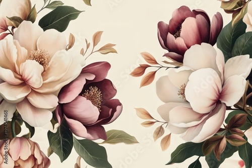 Elegant composition of magnolia flowers and peonies on a light background.