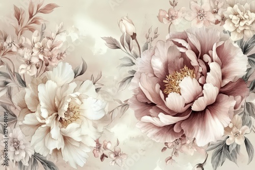 Elegant illustration of peony flowers creating a seamless background.