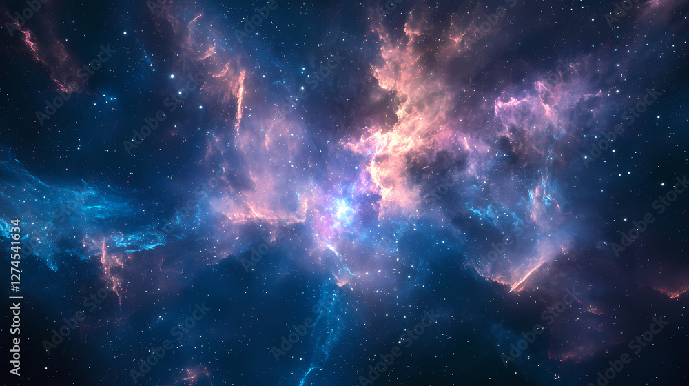 Fototapeta premium Bioluminescent particles illuminate cosmic nebula space digital art galactic environment wide-angle view ethereal concept. Galactic Optical Illusions. Illustration