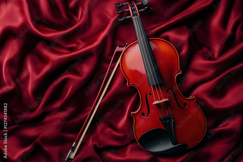 Fototapeta premium violin, classical violin, musical instrument, elegant violin, vintage violin, wooden violin, glossy finish, violin bow, deep red fabric, velvet background