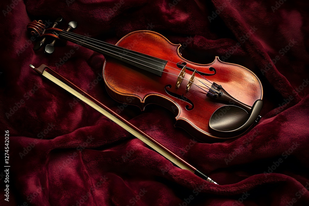 Fototapeta premium violin, classical violin, musical instrument, elegant violin, vintage violin, wooden violin, glossy finish, violin bow, deep red fabric, velvet background