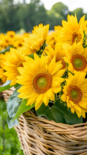 Sunflowers in a basket, outdoors, field background, for a floral design photo