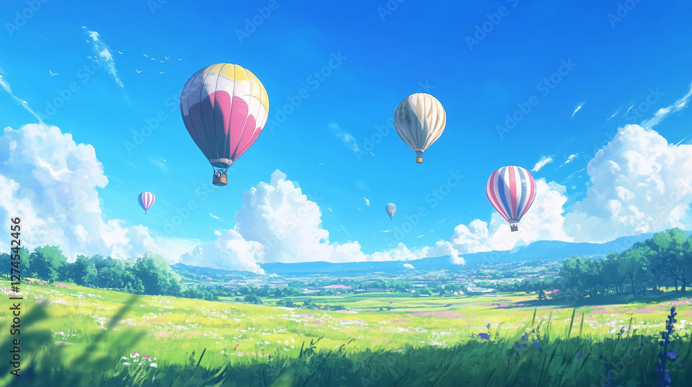 Fototapeta premium Colorful hot air balloons from ground level, floating serenely against the sky, offering a whimsical view
