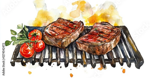 On a white background, a hand-drawn watercolor illustration showcases grilled meat steaks with vegetables on a barbecue grill