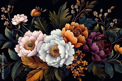 Elegant textile design with soft colors and green leaves.