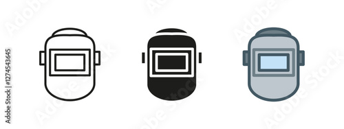 Welding helmet icon. Protective headgear symbol. Industrial safety shield vector illustration. Metalworking equipment sign. Durable workshop mask pictogram. Construction and engineering concept.