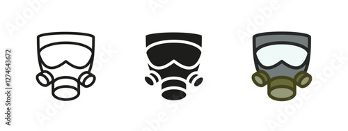 Gas mask icon. Protective respirator symbol. Industrial safety equipment vector illustration. Military-grade filter sign. Chemical hazard defense pictogram. Emergency pollution protection concept.