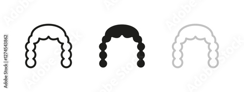 Judge wig icon. Traditional law headwear for courtroom authority. Classic judicial wig vector illustration. Legal profession and justice system representation. Historical barrister wig used in courts.