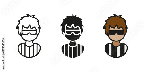 Referee icon. Sports judge in a striped uniform with glasses. Game official vector illustration. Professional decision-maker in competitive sports. Authority figure person. Sports umpire concept.