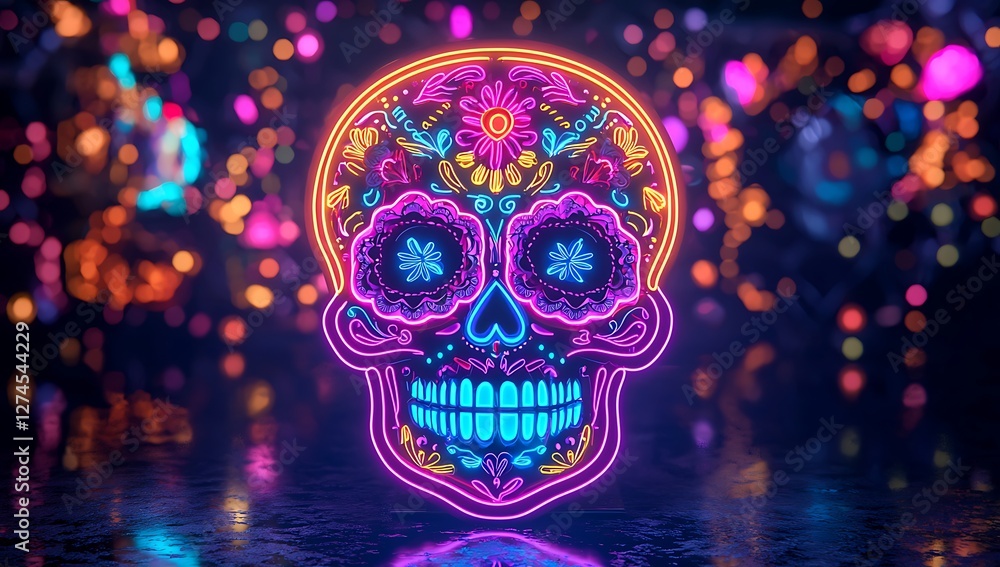 3D colorful sugar skull neon sign on a dark background, glowing with multicolored lights inside the shape of traditional Mexican headwear, with glowing light effects and bokeh, i 3D colorful sugar skull neon sign on a dark background, glowing with multicolored lights inside the shape of traditional Mexican headwear, with glowing light effects and bokeh, i
