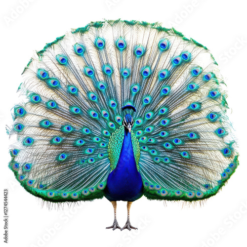 Male peacock displays vibrant feathers in sophisticated product photography