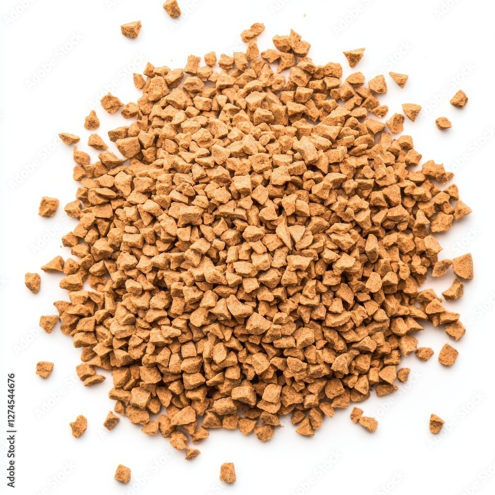 Brown granular cat food pile on white surface for pet nutrition and feeding concepts Brown granular cat food pile on white surface for pet nutrition and feeding concepts