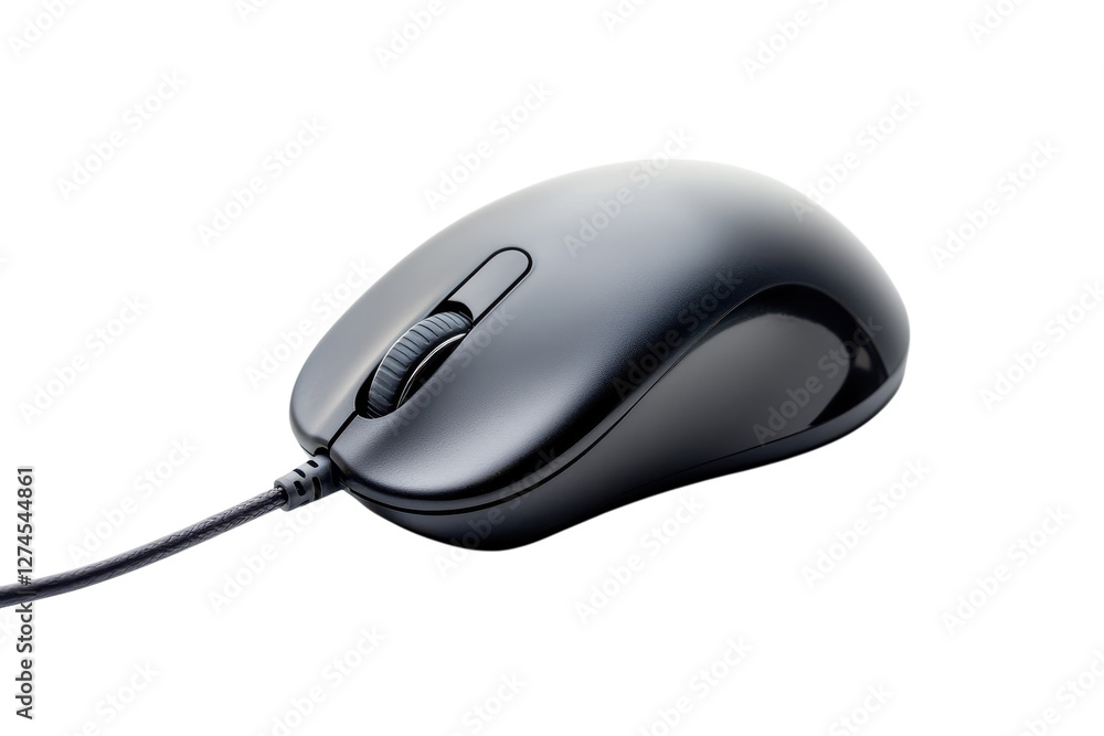 A black computer mouse on a clean white surface in a quiet workspace isolated on transparent background A black computer mouse on a clean white surface in a quiet workspace isolated on transparent background