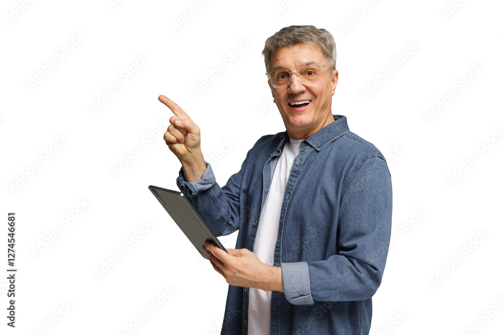 Senior man smiling and pointing while holding a tablet against a plain background Senior man smiling and pointing while holding a tablet against a plain background