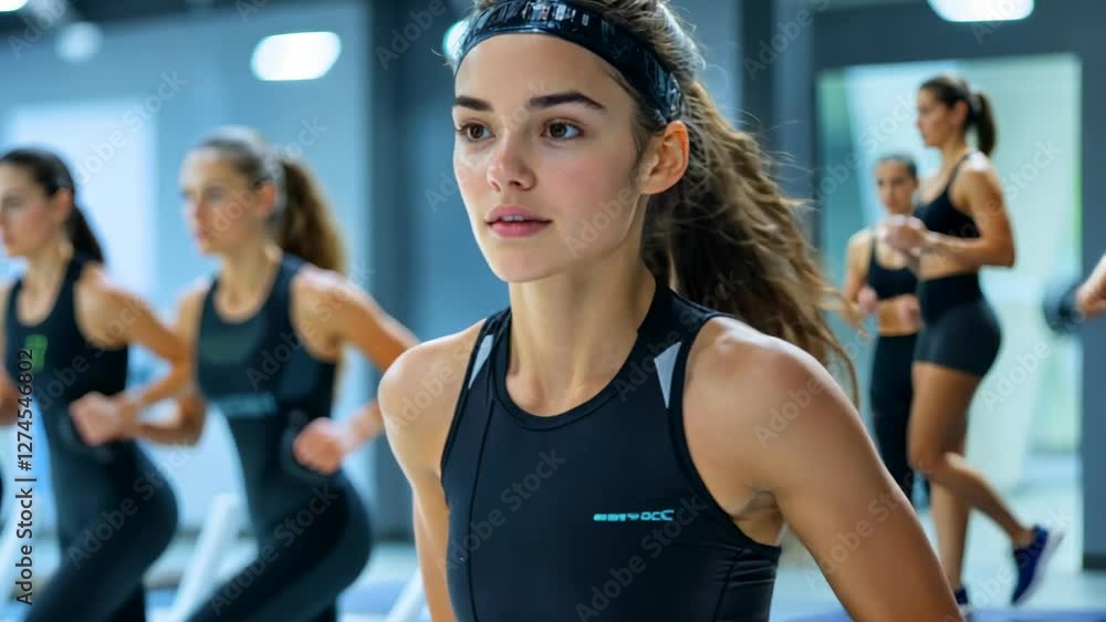 Focused Athlete in a Fitness Class, Determined Expression, Intense Workout, Gym Setting Focused Athlete in a Fitness Class, Determined Expression, Intense Workout, Gym Setting