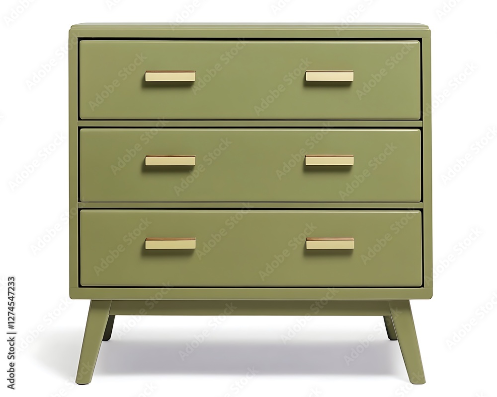 Chic olive green storage cabinet with three drawers, isolated on a pristine white background, Chic olive green storage cabinet with three drawers, isolated on a pristine white background,