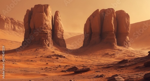 Rugged Martian Landscape with Orange Rocks and Dusty Atmosphere.