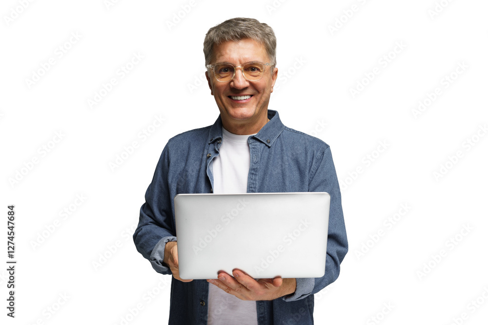 Smiling man holding a laptop while expressing joy in a bright setting Smiling man holding a laptop while expressing joy in a bright setting