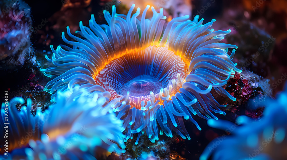 Low light tide pool sea anemone photography - stunning underwater macro images. Bioluminescent Tidal Pools. Illustration Low light tide pool sea anemone photography - stunning underwater macro images. Bioluminescent Tidal Pools. Illustration