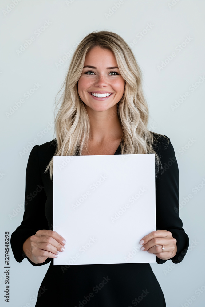 A woman is holding a white piece of paper and smiling
