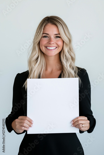 Obraz na płótnie A woman is holding a white piece of paper and smiling w salonie