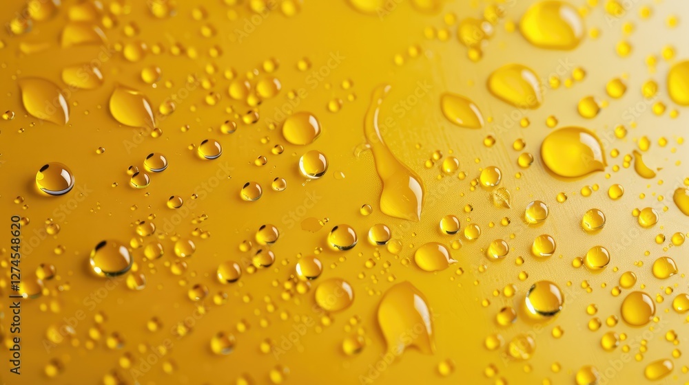 Close-up of water droplets on a yellow surface with a bokeh effect. The image turns out to be dreamy and soft, embodying freshness and clarity. Close-up of water droplets on a yellow surface with a bokeh effect. The image turns out to be dreamy and soft, embodying freshness and clarity.