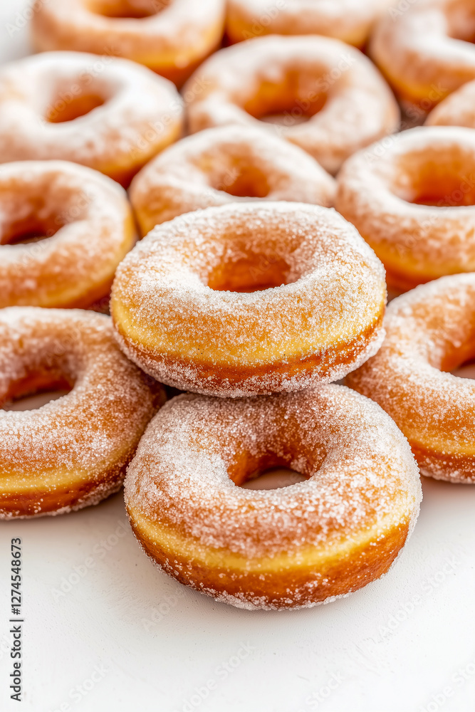 A stack of powdered donuts with a white background A stack of powdered donuts with a white background