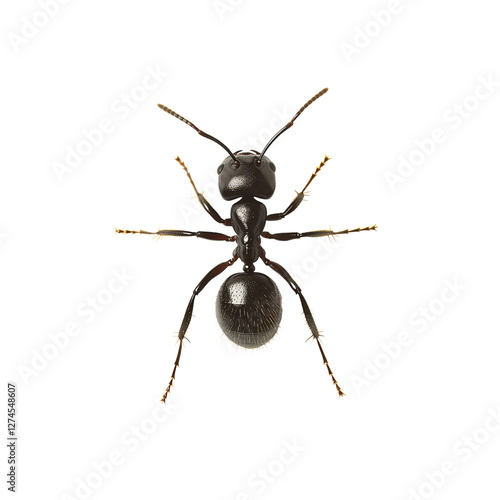 Black garden ant in sharp focus on white background with soft lighting showcasing exoskeleton