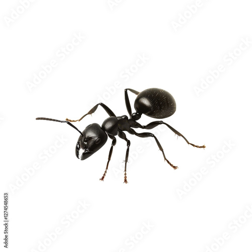 Black garden ant in sharp focus on white background with soft lighting showcasing exoskeleton