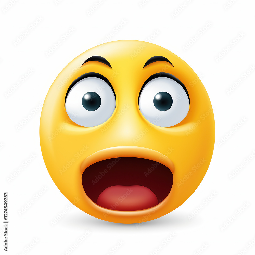 Fototapeta premium Surprised Yellow Emoji Face Icon: Happy Expression and Open Mouth Cartoon Illustration for Social Media