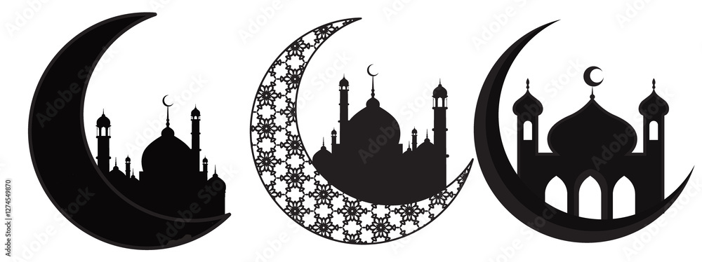 Fototapeta premium Ramadan Kareem Crescent Moon with Mosque Silhouette Design