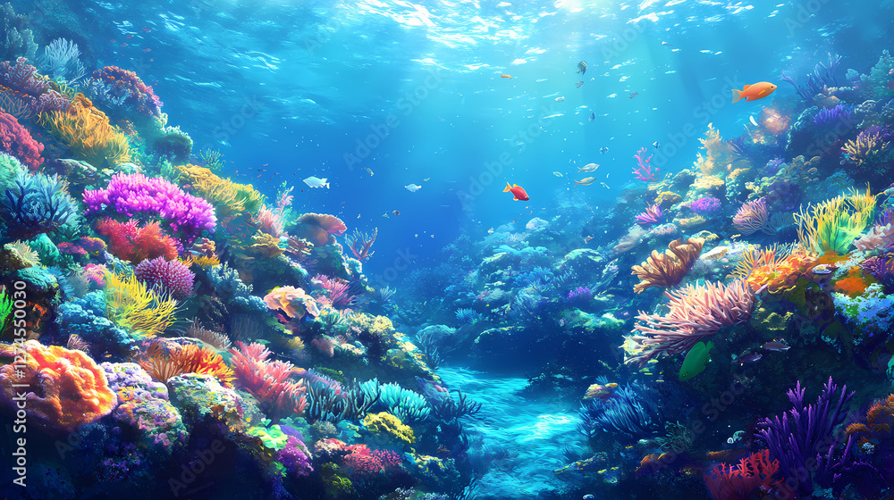 Fototapeta premium Vibrant underwater ecosystems featuring diverse marine species lush coral reefs clear blue waters, fish, diversity, ocean, aquatic, life, habitat, seaweed. Bioluminescent Tidal Pools. Illustration