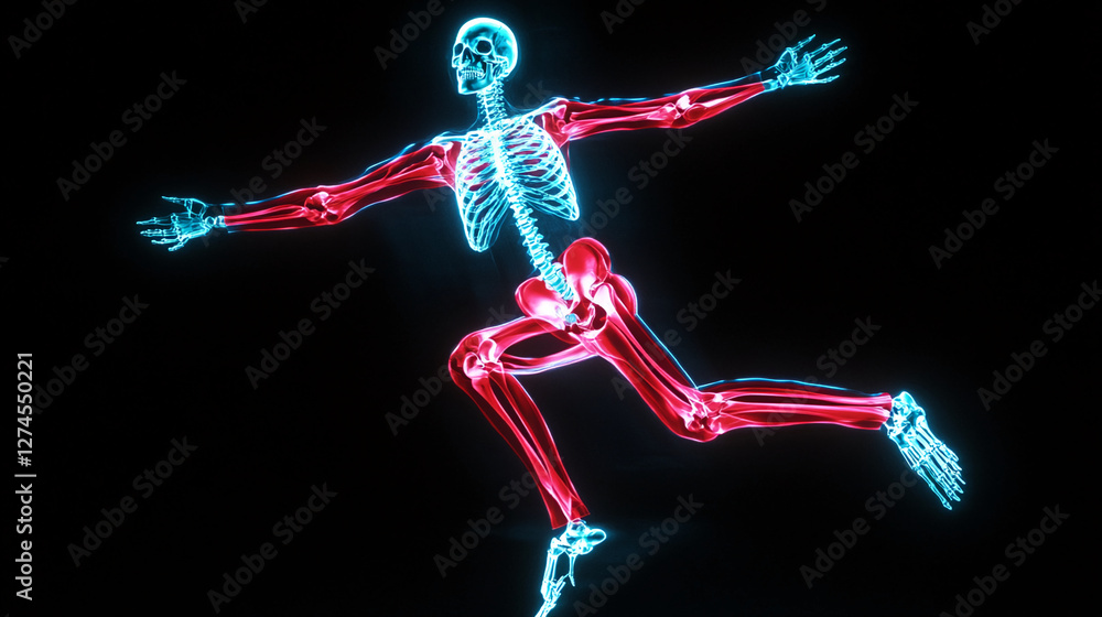 Fototapeta premium An artistic x-ray of a jumping skeleton with glowing bones, showcasing the dynamic movement and energy of the human form with vibrant red and blue highlights.
