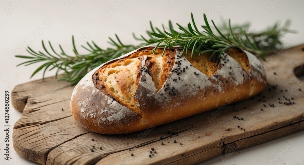 Artisan Bread with Rosemary and Poppy Seeds on Rustic Wooden Board Artisan Bread with Rosemary and Poppy Seeds on Rustic Wooden Board