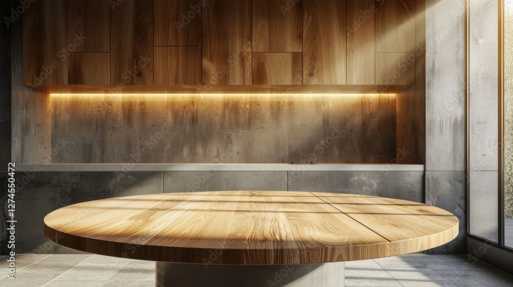 Fototapeta premium Clean kitchen interior with a round wood countertop, perfect for product montages or banners