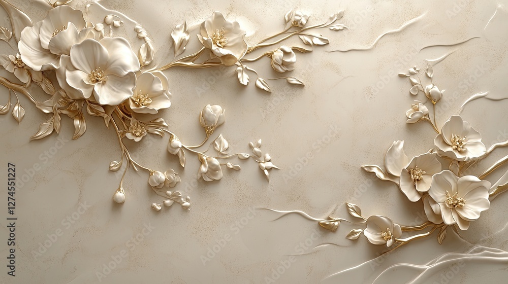 Matte beige and soft gold floral relief, adding a touch of understated yet refined elegance. Matte beige and soft gold floral relief, adding a touch of understated yet refined elegance.